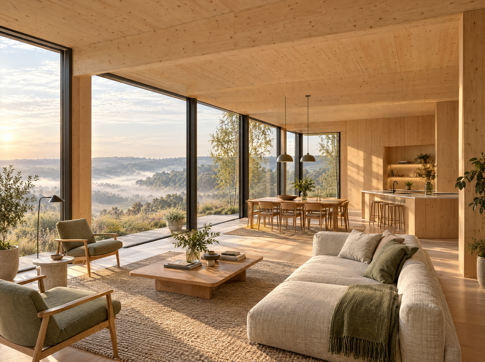 Timber ceiling panels lit by natural light