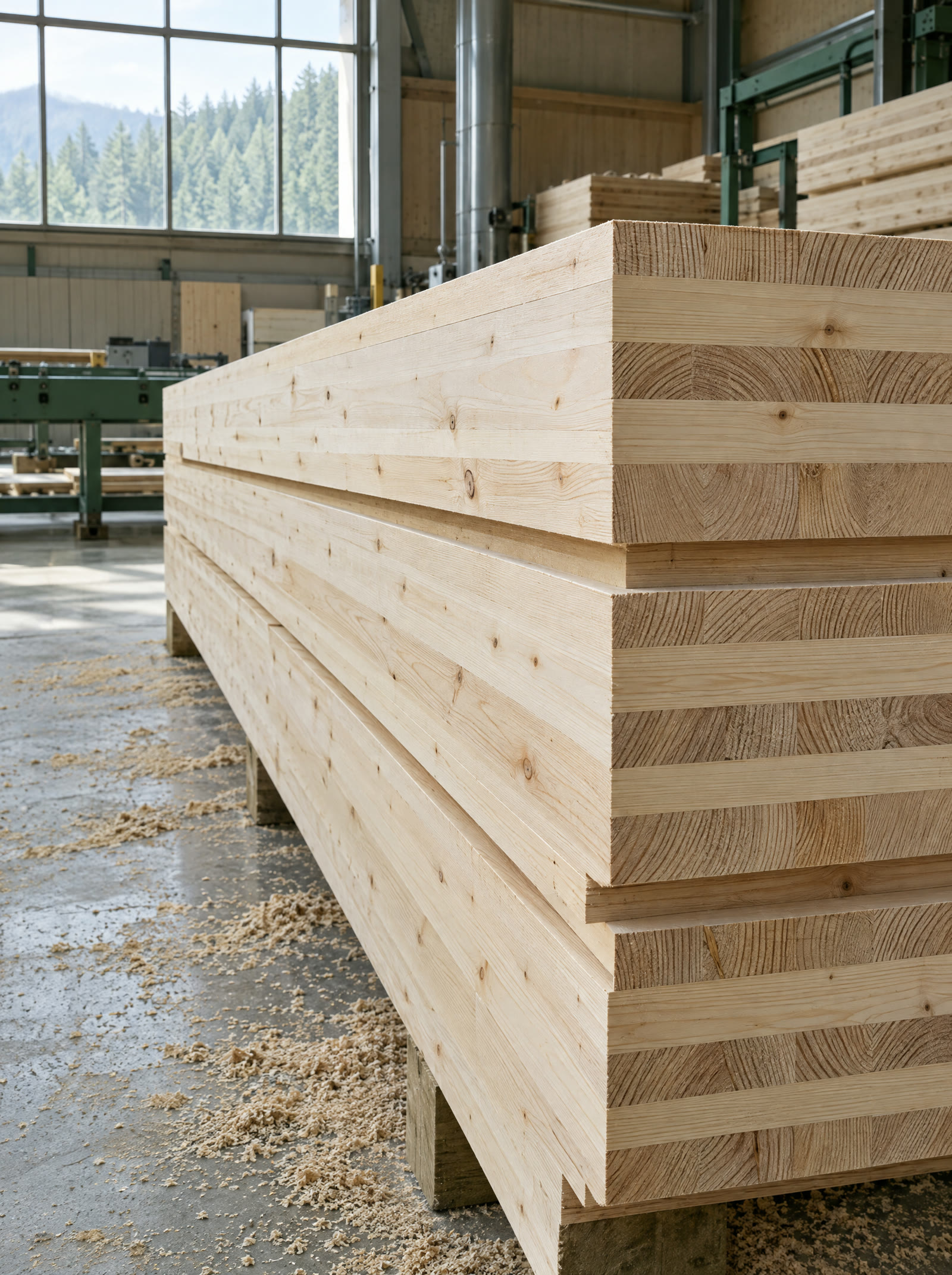 Stack of cross-laminated timber panels in the factory