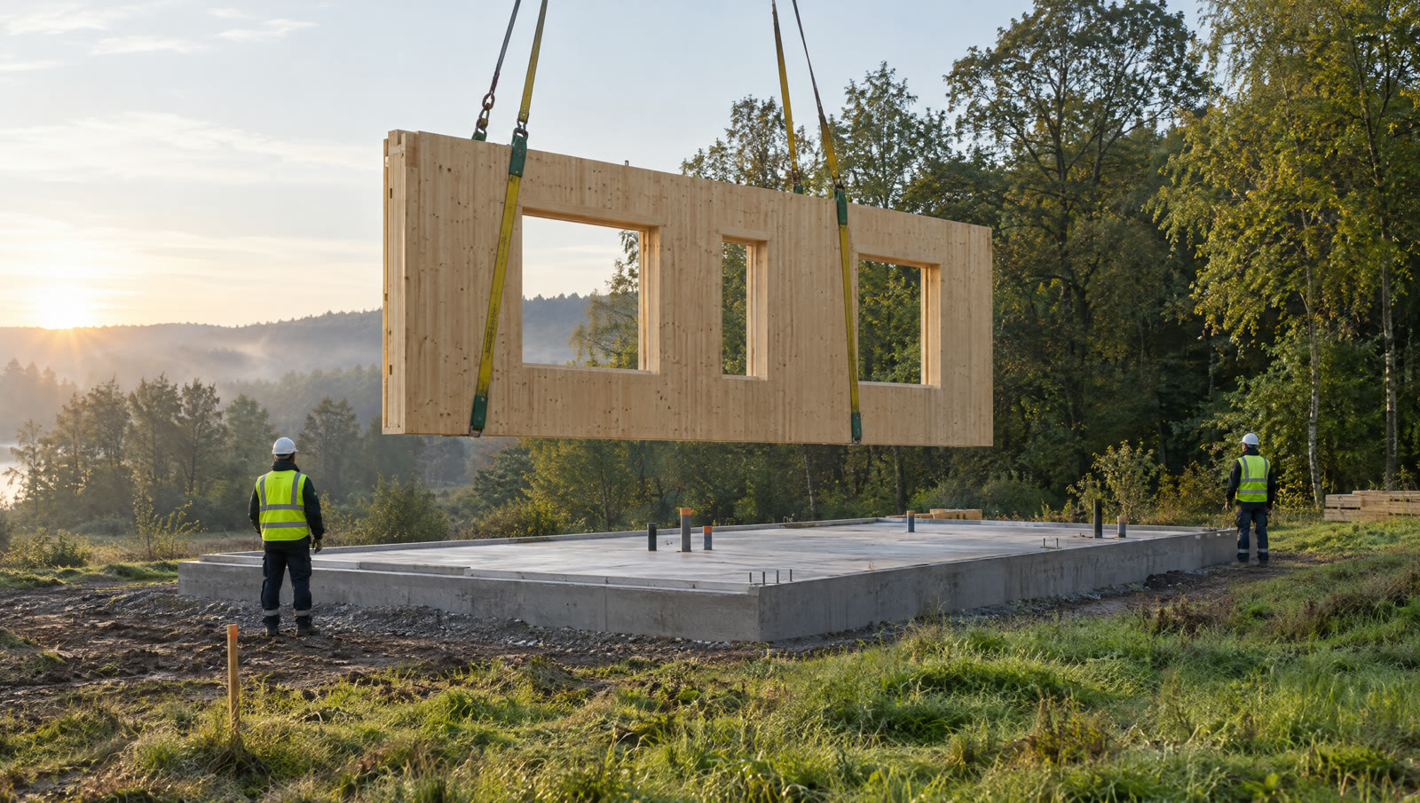 A CLT wall panel being craned onto its foundation
