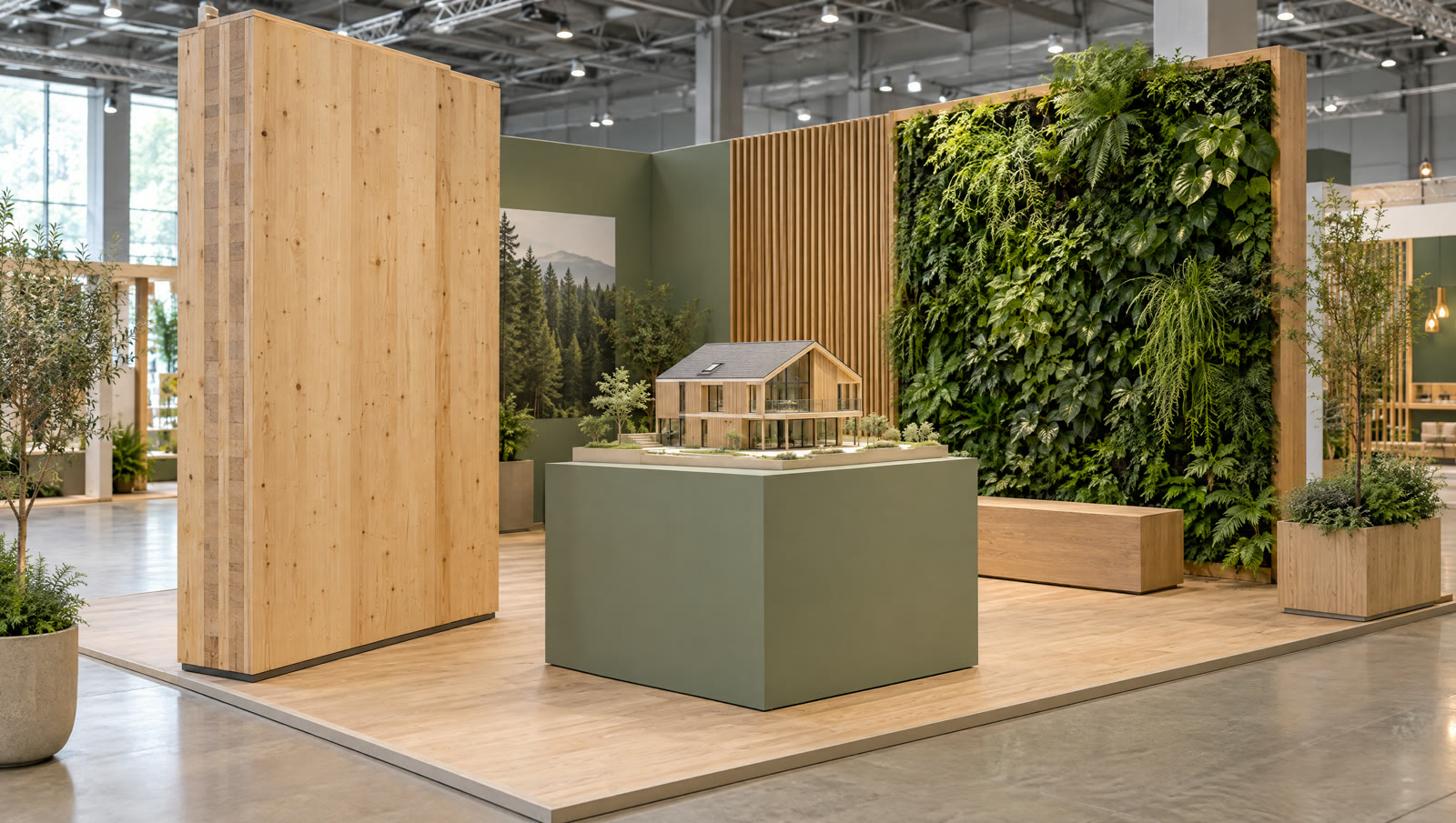 Exhibition stand with a full-height CLT wall sample