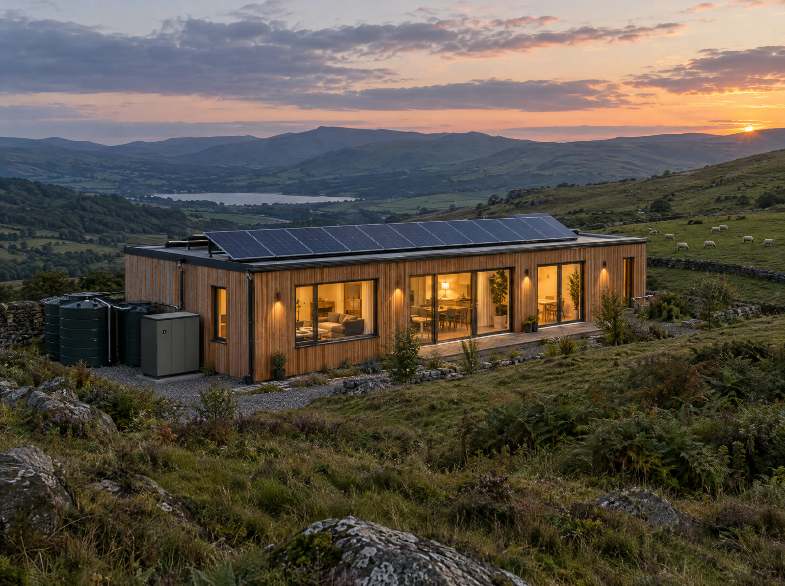 Off-grid timber house on a Welsh hillside at dusk